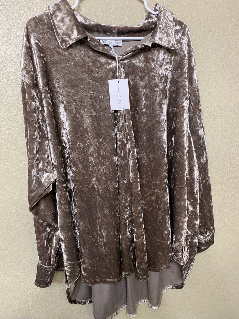 Jessica Simpson Crushed Velvet Blouse - Taupe Silver Sheen